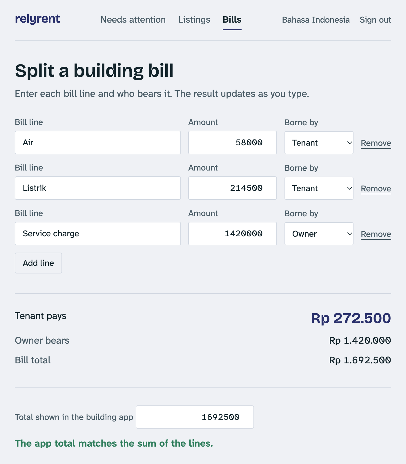 A building bill split between tenant and owner