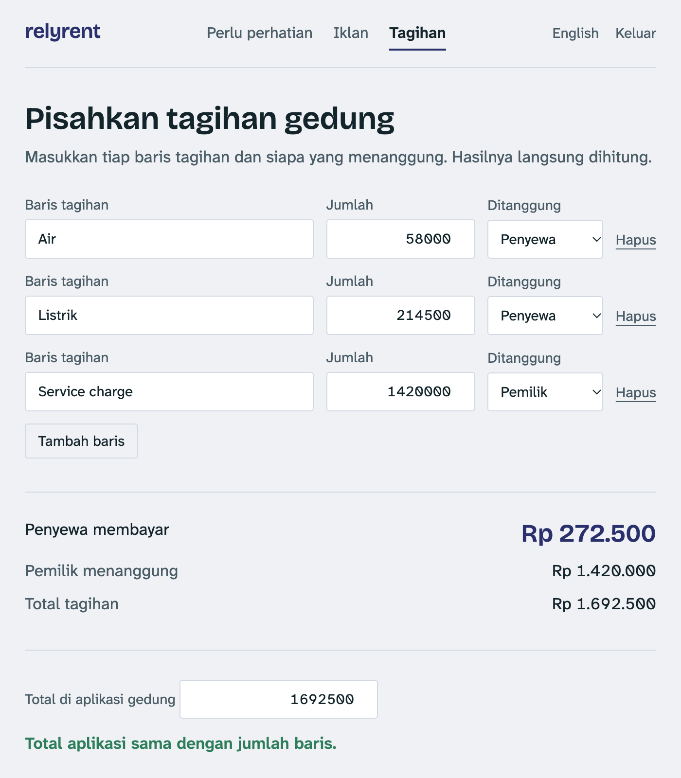 Tagihan gedung dipisah antara penyewa dan pemilik